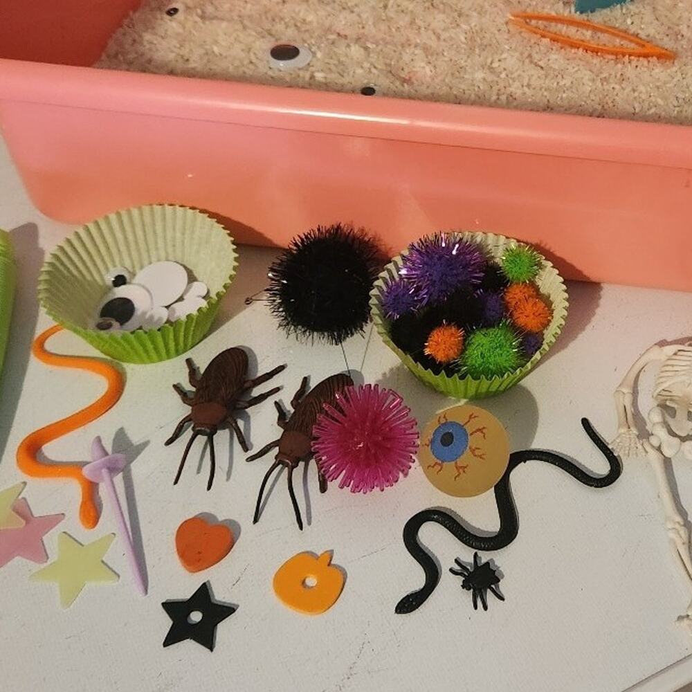 Halloween themed sensory bin add ins skeleton learning play homeschool school